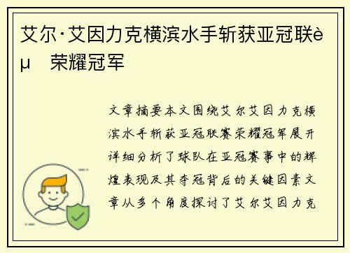 艾尔·艾因力克横滨水手斩获亚冠联赛荣耀冠军
