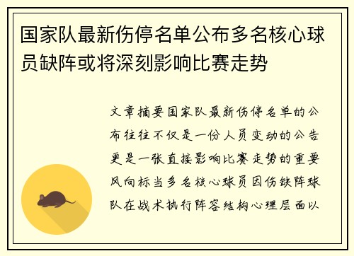 国家队最新伤停名单公布多名核心球员缺阵或将深刻影响比赛走势